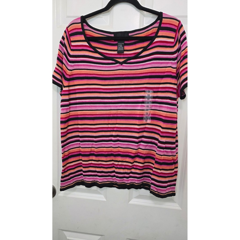 NEW August Silk Sweater Women 1X Plus Size Pink Orange Striped 100% Silk V-Neck